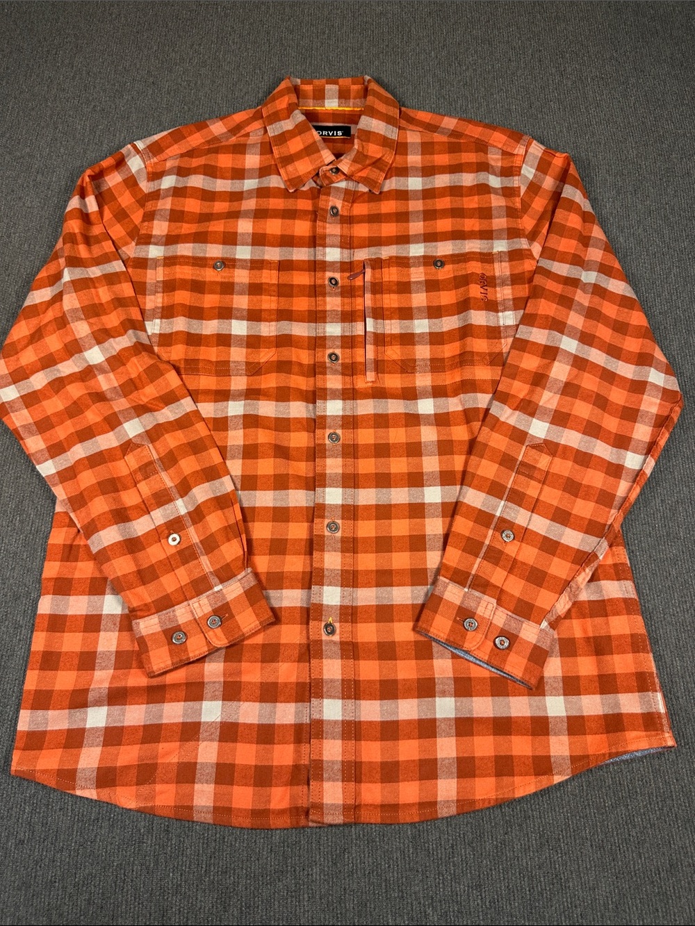 Orvis Orange and Cream Plaid Button-Down Shirt Long Sleeve Men’s Medium Cotton